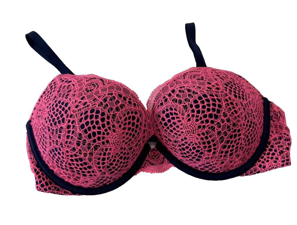 Victoria's Secret Bombshell Very Sexy Push Up Bra Pink Lace Navy Blue 34D